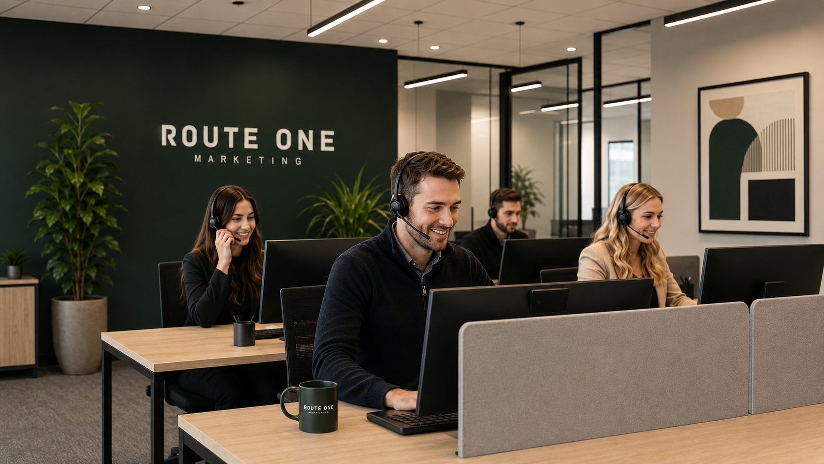 The Route One Marketing team on the phones